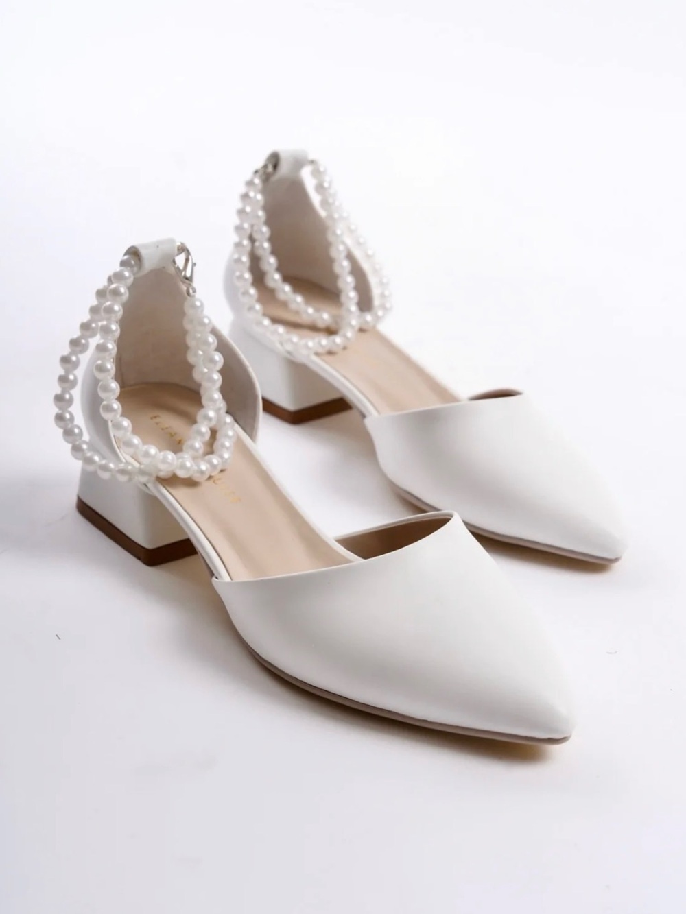 Eleanor Louise White Low Heels with Pearls